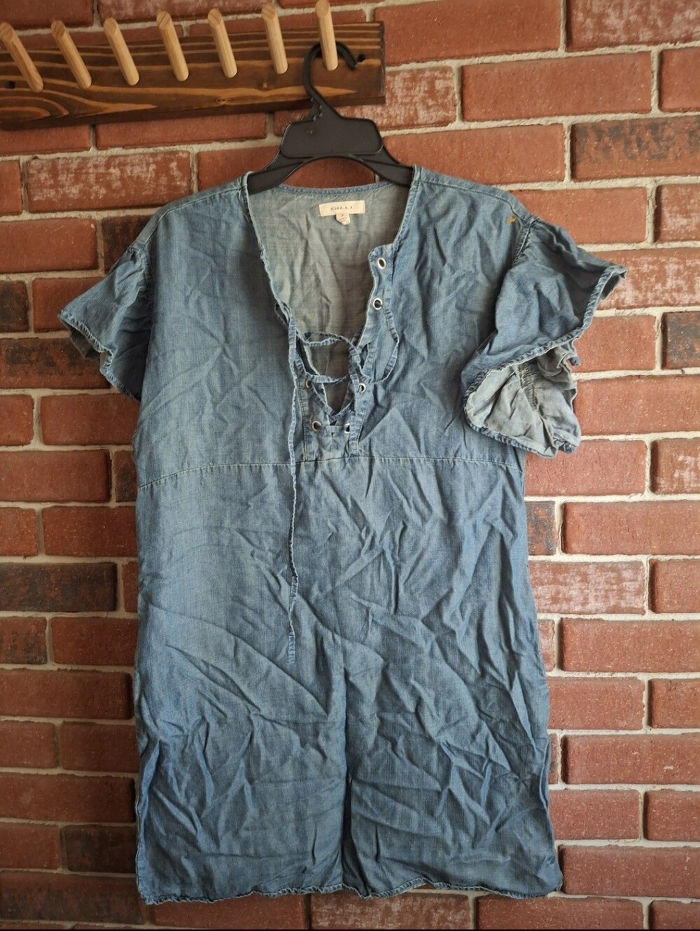 Gilli Denim-Blue Lace-Up Short Sleeve Top